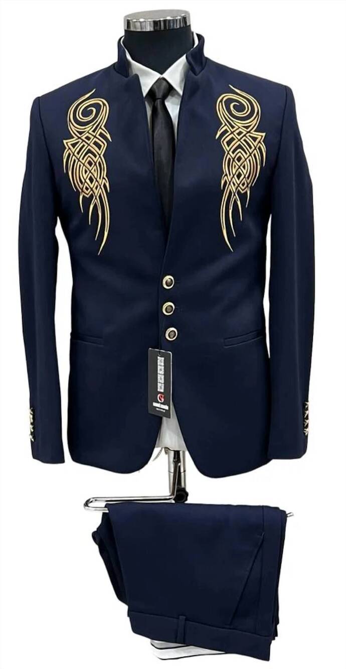 NEW UNITED GARMENTS men’s textured slim fit short blazer jacket in navy blue